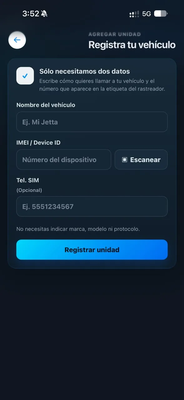 Formulario de registro de vehículo